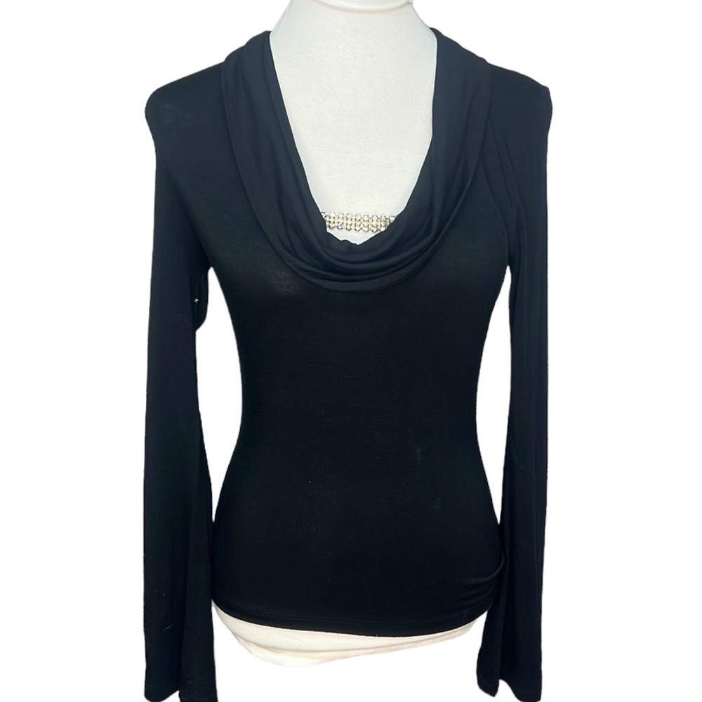 WHBM Rhinestone Tab Cowl Neck Blouse Black